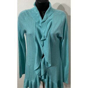 Tracy Negocian Women Size XS Cardigan Nancy Teal Ruffle Open Front 52% Silk